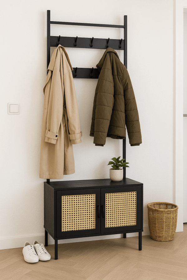 Furnilux Kapstok Ambon – Met Opbergkast & Haken – Zwart met Rattan – 70x32x175 cm – Industriële Halmeubel - Image 7
