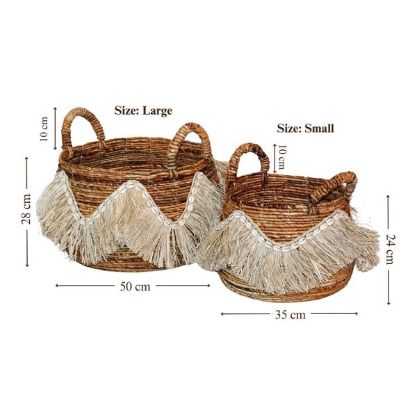 Furnilux - Decoratieve Opbergmanden Set van 2 – Handgevlochten Bananenstam / Bananenvezel Mand met Schelpen & Raffia – Boho Stijl – Met Handvatten - Afbeelding 4