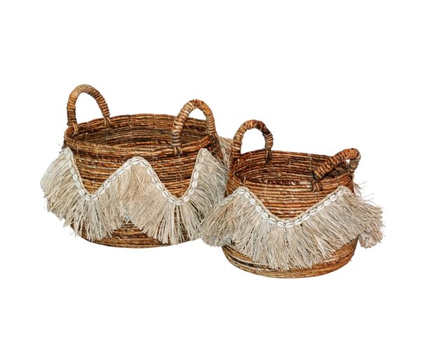 Furnilux - Decoratieve Opbergmanden Set van 2 – Handgevlochten Bananenstam / Bananenvezel Mand met Schelpen & Raffia – Boho Stijl – Met Handvatten