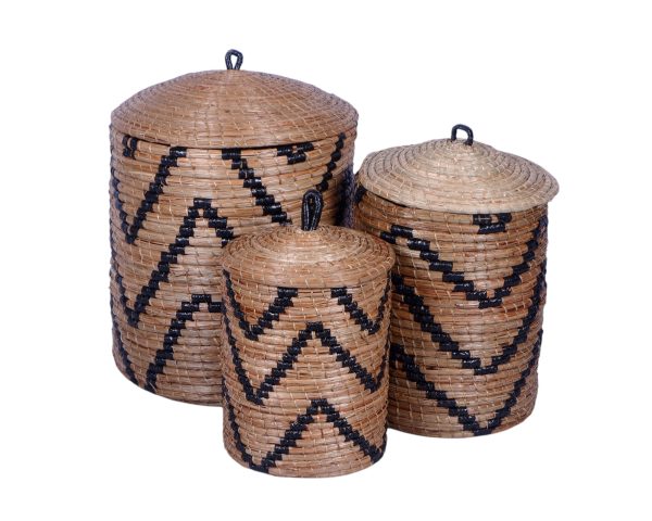 Furnilux - Handgevlochten Opbergmanden Set van 3 – Natuurlijke Wasmanden met Deksel – Mendong Gras – Decoratief & Functioneel