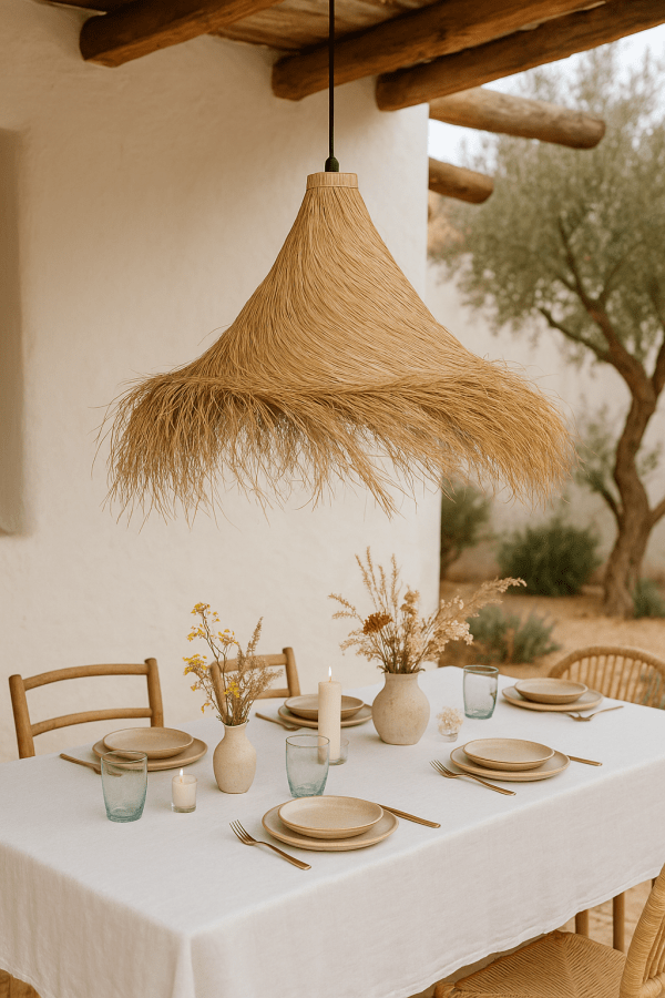 Furnilux-Grote Raffia Hanglamp Ø110 cm – Handgemaakte Boho Plafondlamp van Natuurlijk Gras – XL Natuurlijke Lamp voor Horeca, Woonkamer of Eettafel – Tropische Bohemian Verlichting - Afbeelding 5