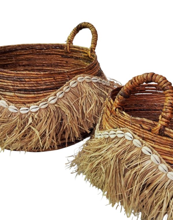 Furnilux - Decoratieve Opbergmanden Set van 2 – Handgevlochten Bananenstam / Bananenvezel Mand met Schelpen & Raffia – Boho Stijl – Met Handvatten - Afbeelding 2