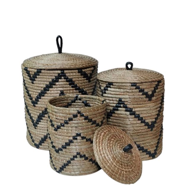 Furnilux - Handgevlochten Opbergmanden Set van 3 – Natuurlijke Wasmanden met Deksel – Mendong Gras – Decoratief & Functioneel - Afbeelding 3