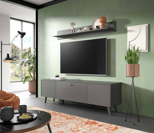 Linea TV Lowboard Grijs Mat MDF TZ Grijs Mat Melamine Zwart NB - Afbeelding 4